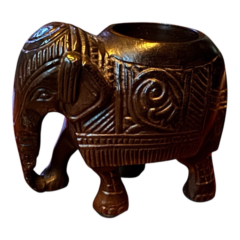 Indian Elephant Tealight Candle Holder Brown Carved Style Made in India Decor